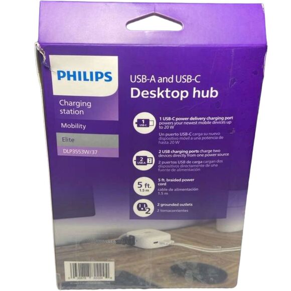 Philips Desktop Charging Station 2 Outlets 2 USB-A 1 USB-C 5ft Cord Box Wear - Picture 2 of 8